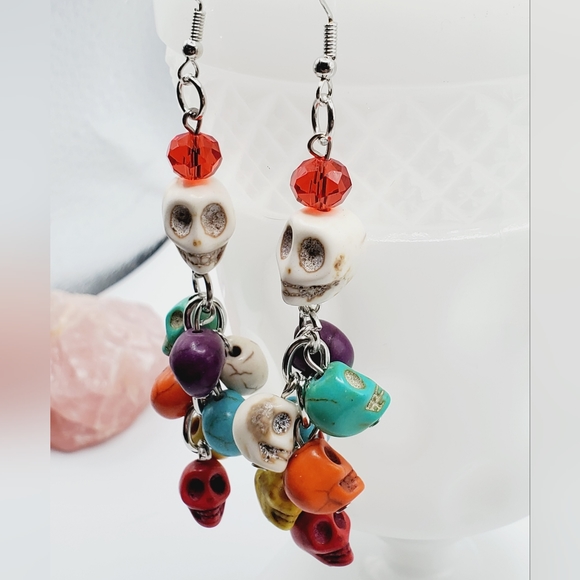 New natural stone day of the dead skull colorful earrings long - Picture 8 of 12